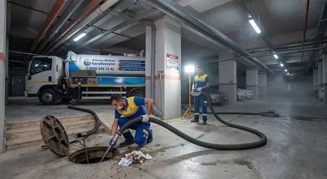 Otopark içinde logar kapağı açılmış, hortumla çekim yapan ekip