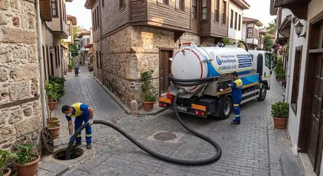 Dar bir sokakta kombine vidanjör aracı ve logarda çalışan ekip