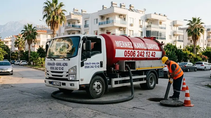 Antalya'da apartmanlar arasındaki sokakta logardan atık su çeken Merkez Kanalizasyon vidanjör aracı