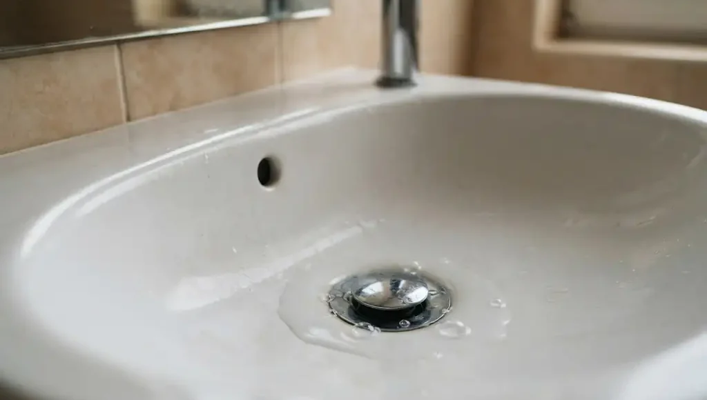Beyaz seramik banyo lavabosunun krom gideri çevresinde su halkası