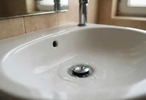 Beyaz seramik banyo lavabosunun krom gideri çevresinde su halkası